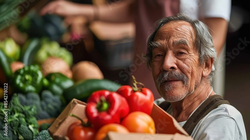 An older man with a twinkle in his eye holds a packed box of assorted fresh vegetables, standing in a market photo