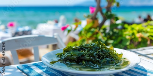 delicious seaweed in a plate on a table of a summer terrace on the seashore photo