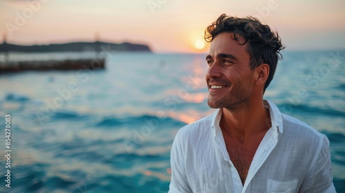 A joyful man in a white shirt smiles against the backdrop of a beautiful sea sunset