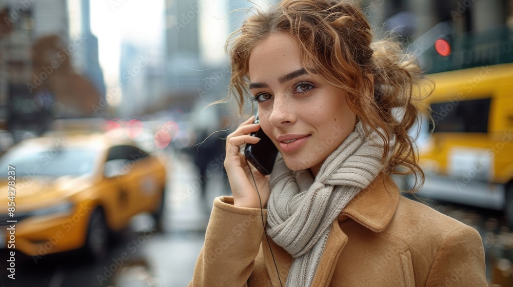 Well-dressed young woman talking on a cellphone with busy city life in the background Well-dressed young woman talking on a cellphone with busy city life in the background