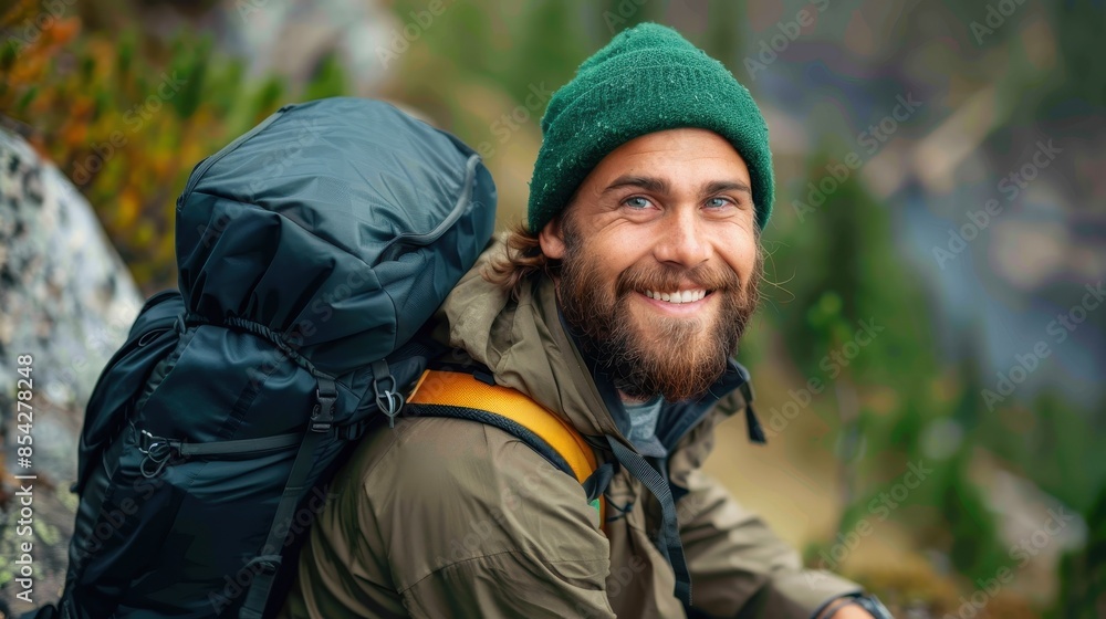 Cheerful bearded man wearing a backpack taking a break in nature with autumn colors around him Cheerful bearded man wearing a backpack taking a break in nature with autumn colors around him