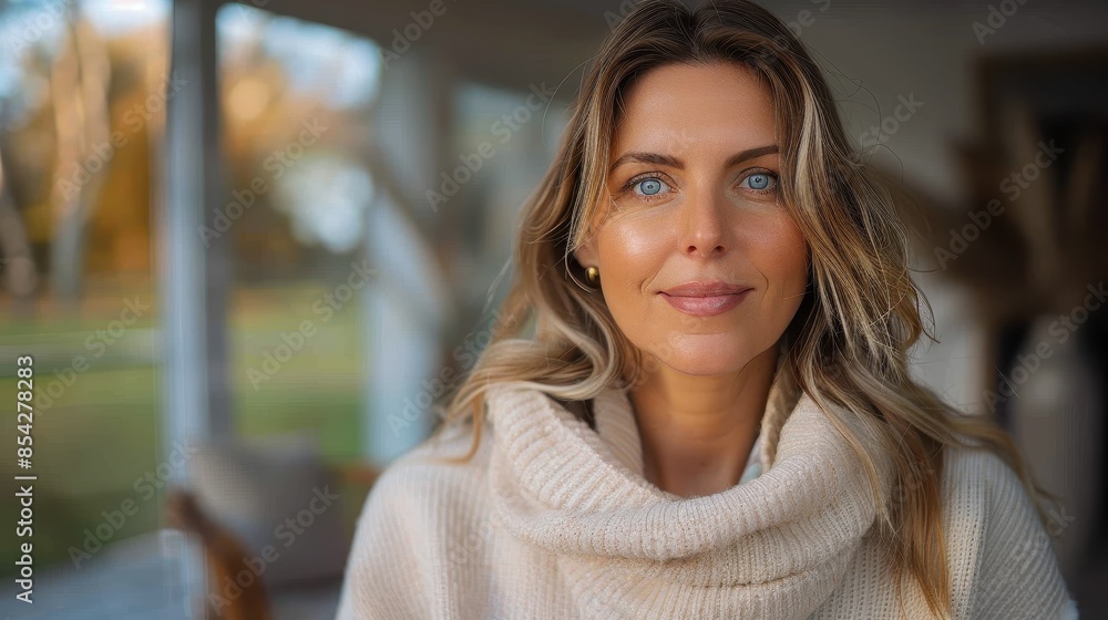 A sunlit portrait of a woman wearing cozy knitwear indoors, with a warm and inviting atmosphere A sunlit portrait of a woman wearing cozy knitwear indoors, with a warm and inviting atmosphere
