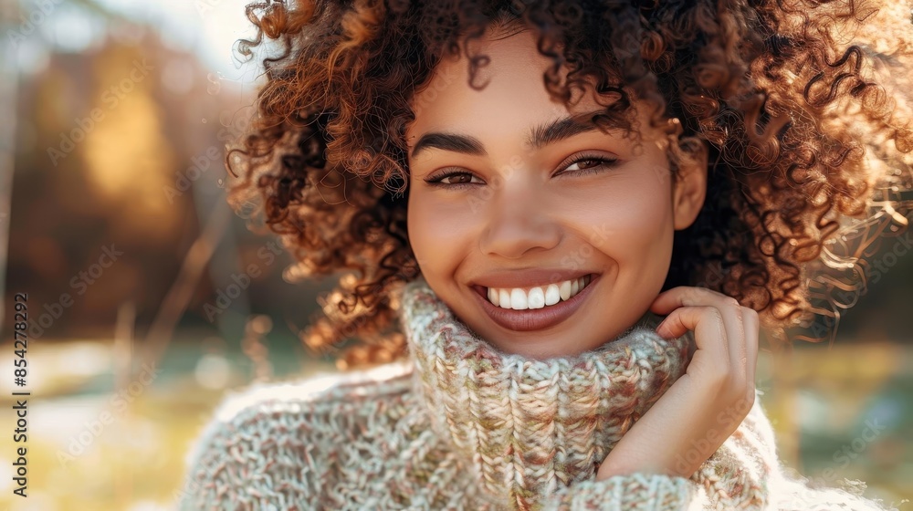 Smiling woman with curly hair enjoying a sunny autumn day in a cozy sweater Smiling woman with curly hair enjoying a sunny autumn day in a cozy sweater