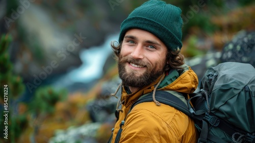 Wallpaper Mural A man with a backpack and beaded bracelet smiles as he looks at the scenery, standing amid the wilderness Torontodigital.ca