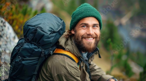 Cheerful bearded man wearing a backpack taking a break in nature with autumn colors around him