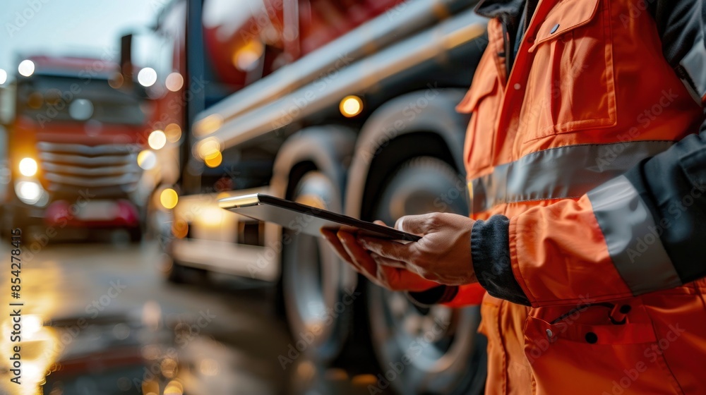 A man in an orange vest is standing next to a large truck A man in an orange vest is standing next to a large truck