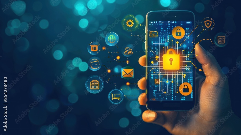 Digital illustration of a person receiving a phishing message on their smartphone, with icons of security measures and alert signs, designed as a banner. Digital illustration of a person receiving a phishing message on their smartphone, with icons of security measures and alert signs, designed as a banner.