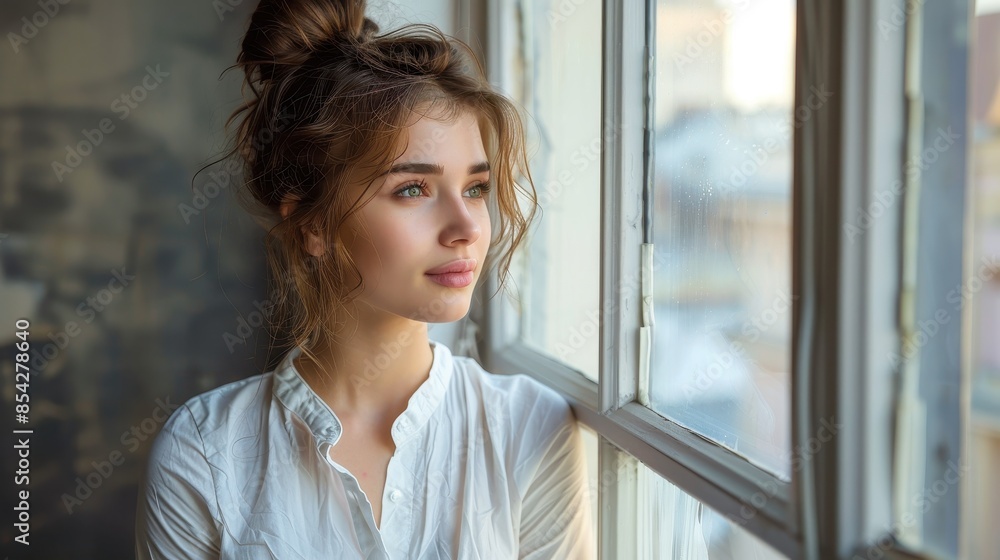 Dreamy young woman in white blouse by a window with a wistful look Dreamy young woman in white blouse by a window with a wistful look
