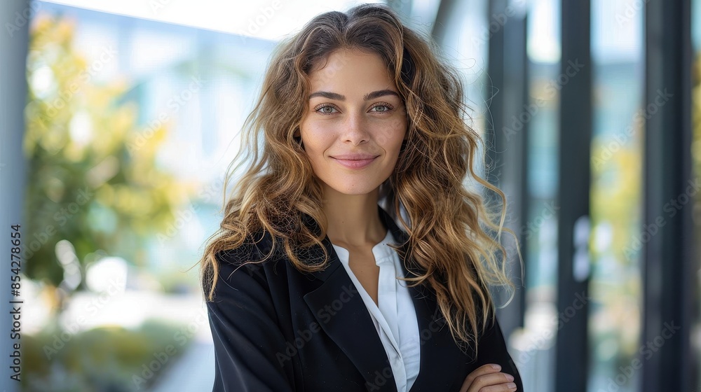 A confident-looking young woman in a business suit with curly locks stands in an office setting