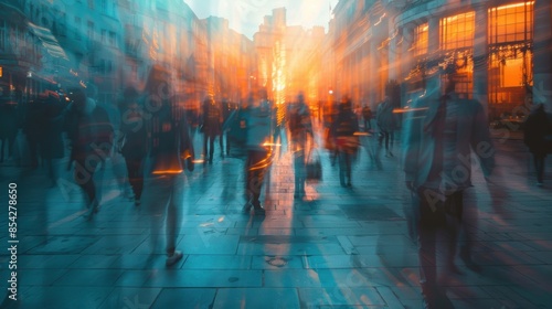 Abstract motion blur capturing a busy urban street scene at twilight, with glowing lights and blurred figures creating a dynamic atmosphere.