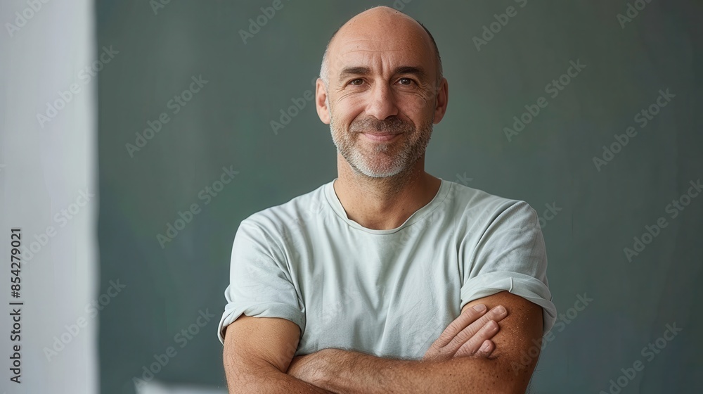 A cheerful mature man in a light green shirt, radiating trustworthiness in a well-lit home setting