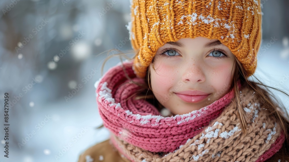 Smiling youthful girl with freckles in snow wearing a pink scarf and yellow knit hat Smiling youthful girl with freckles in snow wearing a pink scarf and yellow knit hat