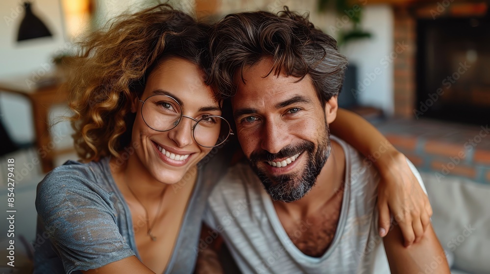 Playful and happy couple with genuine smiles posing together within a comfortable home setting Playful and happy couple with genuine smiles posing together within a comfortable home setting