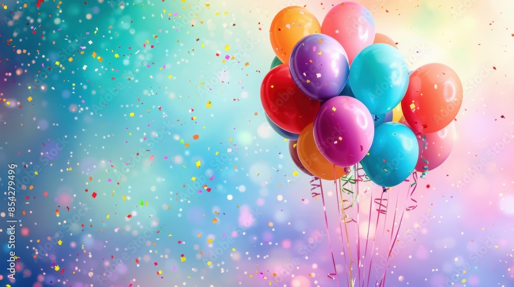 A bunch of multicolored balloons float amidst a cascade of confetti, set against a vibrant, bokeh-filled background, perfect for celebrations. A bunch of multicolored balloons float amidst a cascade of confetti, set against a vibrant, bokeh-filled background, perfect for celebrations.