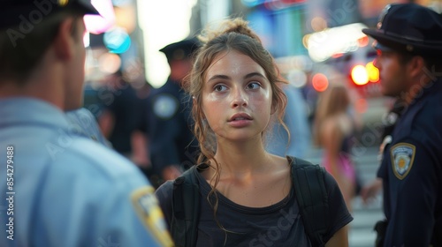 A young girl with a backpack in a city, interacting with police officers, with a concerned expression.