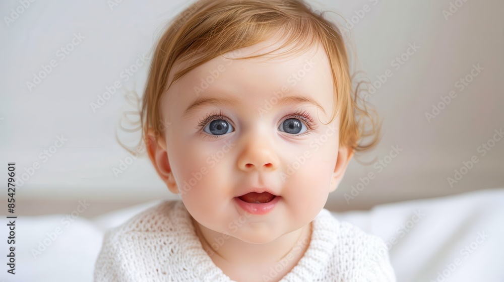 A cheerful baby with bright blue eyes and an open-mouthed smile captured against a soft white background A cheerful baby with bright blue eyes and an open-mouthed smile captured against a soft white background