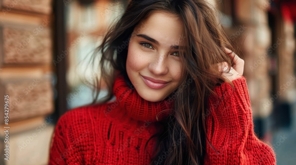 Portrait of a beautiful young woman in a vibrant red knitted sweater, radiating warmth and style on a city street Portrait of a beautiful young woman in a vibrant red knitted sweater, radiating warmth and style on a city street