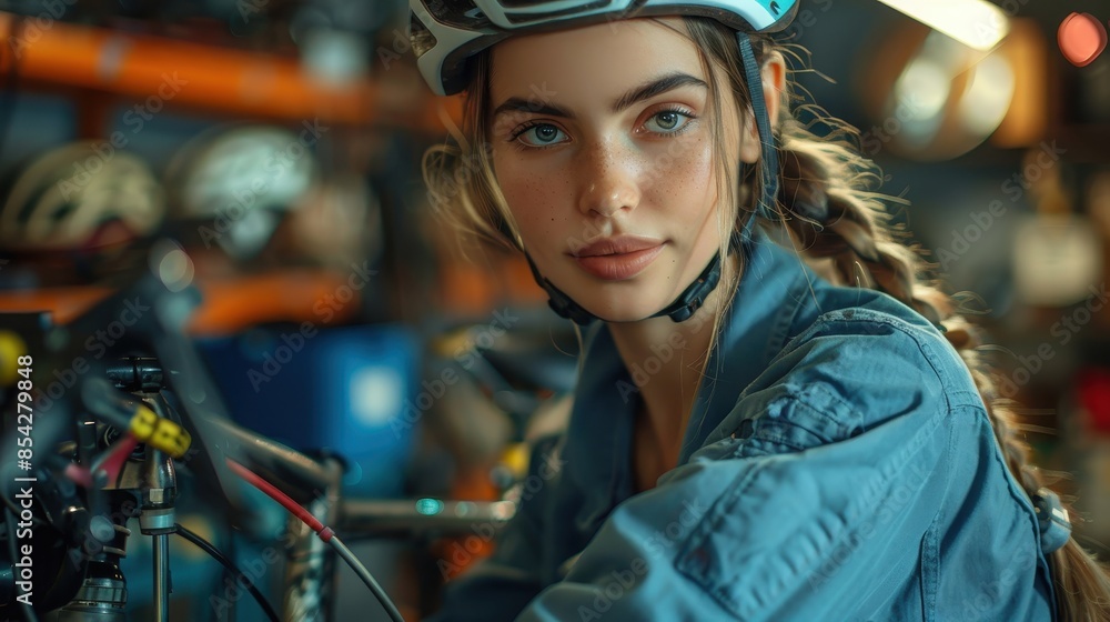Obraz premium Detail-oriented female bike mechanic adjusts bicycle components in a workshop