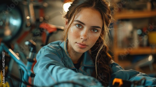 Wallpaper Mural A young woman with freckles seen focused on mechanical work in a workshop setting Torontodigital.ca
