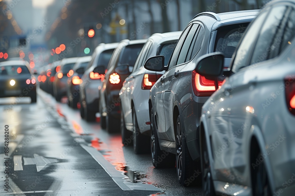 Cars Lined Up In Traffic During A Rainy Day Cars Lined Up In Traffic During A Rainy Day