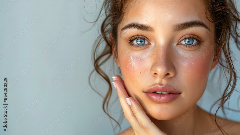 A close-up image of a young woman with clear skin, blue eyes, and freckles, gently touching her face. A close-up image of a young woman with clear skin, blue eyes, and freckles, gently touching her face.