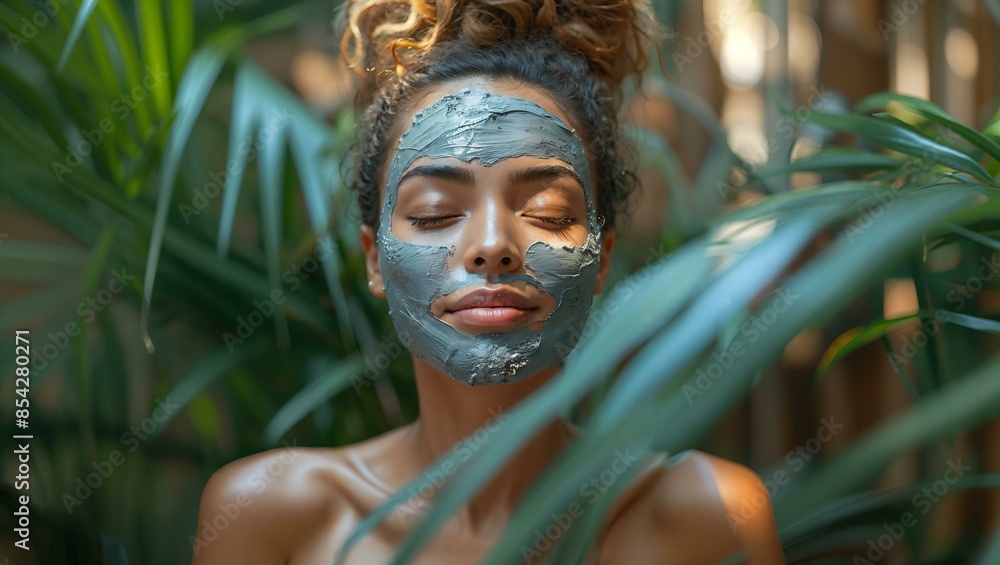 A close-up of a person with closed eyes, face covered in a gray facial mask, surrounded by greenery in soft, natural light. A close-up of a person with closed eyes, face covered in a gray facial mask, surrounded by greenery in soft, natural light.