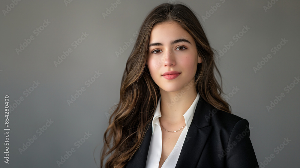 A young businessperson in a well-fitted suit, crisp white shirt, and tasteful tie stands confidently against a neutral background. Soft lighting highlights their composed, approachable expression, mak