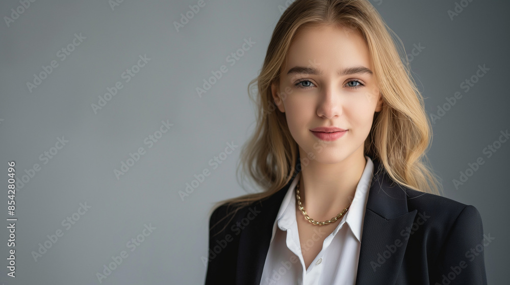 A young businessperson in a well-fitted suit, crisp white shirt, and tasteful tie stands confidently against a neutral background. Soft lighting highlights their composed, approachable expression, mak A young businessperson in a well-fitted suit, crisp white shirt, and tasteful tie stands confidently against a neutral background. Soft lighting highlights their composed, approachable expression, mak