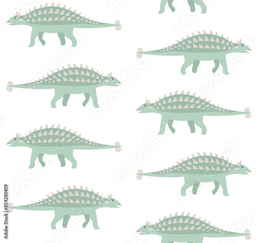 Vector seamless pattern of flat hand drawn ankylosaur dinosaur isolated on white background