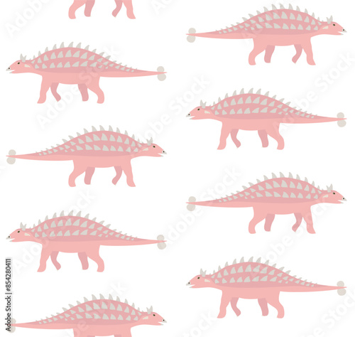 Vector seamless pattern of flat hand drawn pink ankylosaur dinosaur isolated on white background