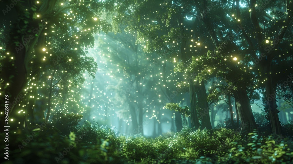 Obraz premium A virtual forest filled with glowing virtual particles creating a mesmerizing and otherworldly atmosphere.