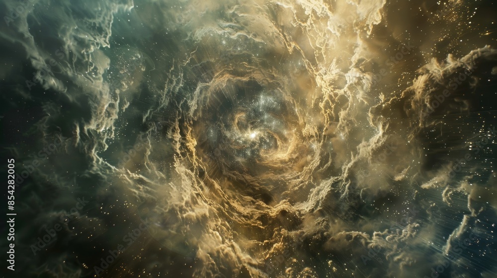 The aftermath of two massive particles colliding is seen as a swirling cloud of debris and energy. The aftermath of two massive particles colliding is seen as a swirling cloud of debris and energy.