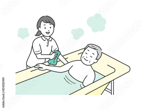 入浴介助をする介護士と湯船に浸かる高齢男性のイラスト
