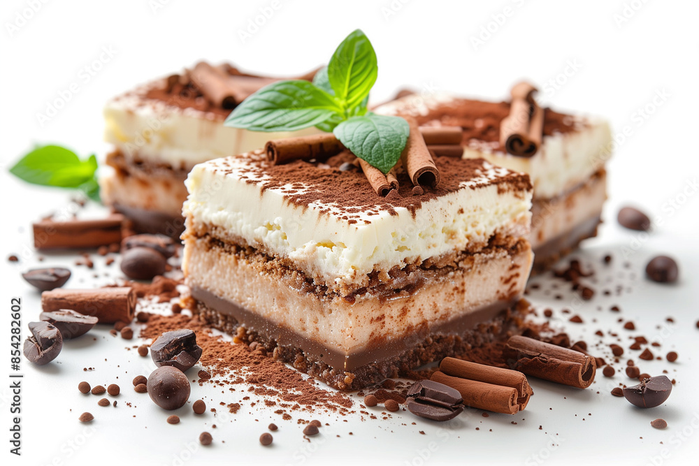 Square pieces of chocolate cake sits on cocoa powder, garnished with sprig of mint. Square pieces of chocolate cake sits on cocoa powder, garnished with sprig of mint.