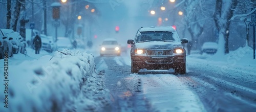 A snowy street with cars driving down it