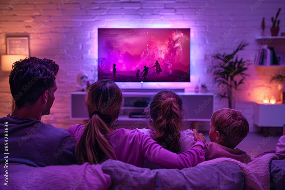A family of four, two adults and two children, enjoy a movie night together in a warmly lit living room. The room is bathed in ambient purple and pink lighting from the television screen. A family of four, two adults and two children, enjoy a movie night together in a warmly lit living room. The room is bathed in ambient purple and pink lighting from the television screen.