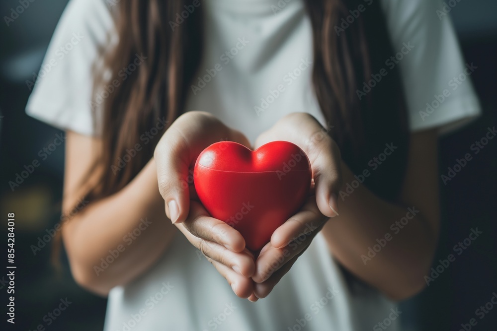Young woman holding a red heart in her hands Young woman holding a red heart in her hands