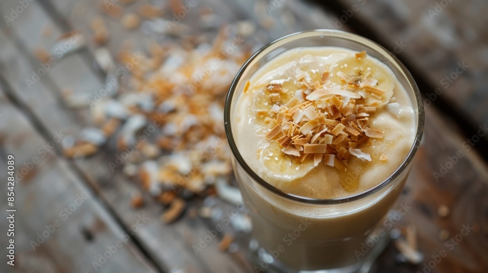 A creamy and indulgent banana coconut smoothie with a drizzle of honey and a sprinkle of toasted coconut flakes on top. A creamy and indulgent banana coconut smoothie with a drizzle of honey and a sprinkle of toasted coconut flakes on top.