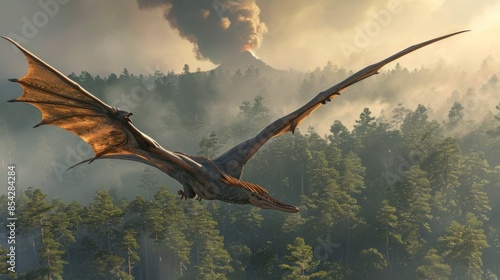Flying dinosaur, Pterodactyl, flying high in sky in prehistoric environment. Photorealistic. photo