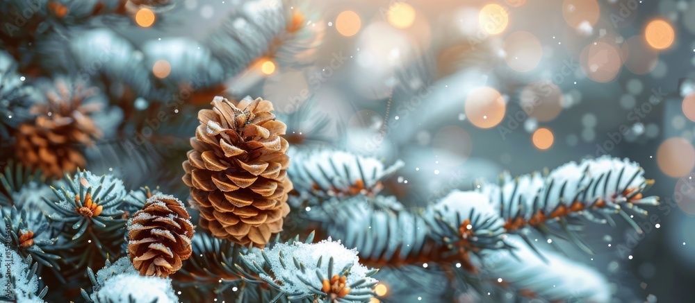A pine tree covered in snow with a few pine cones on it A pine tree covered in snow with a few pine cones on it