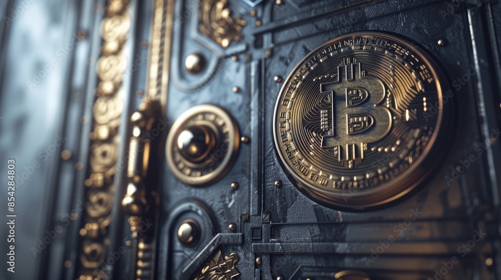 Fototapeta premium Gold Safe deposit with bitcoin logo. Concept symbol of cryptocurrency safety in internet blockchain virtual. Copy space banner