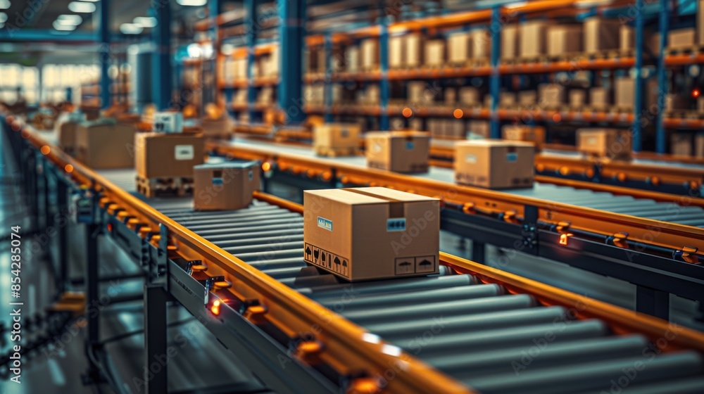 Automated Warehouse with Delivery Boxes on Conveyor Automated Warehouse with Delivery Boxes on Conveyor