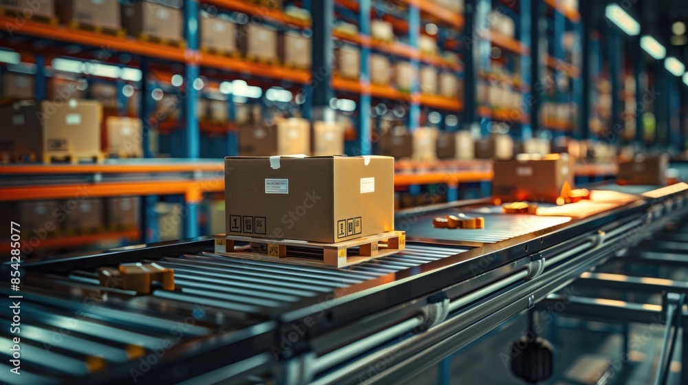 Automated Warehouse with Delivery Boxes on Conveyor Automated Warehouse with Delivery Boxes on Conveyor