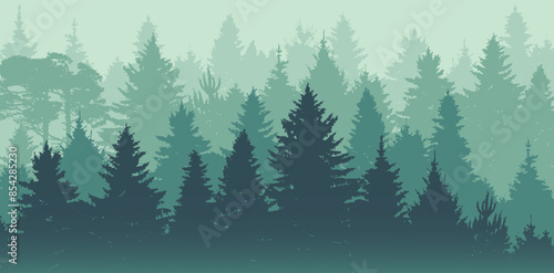 Natural forest landscape. Woodland panorama with silhouettes of coniferous trees, pines, firs and spruces. Background with evergreen plants. Foggy environment scenery. Flat vector illustration