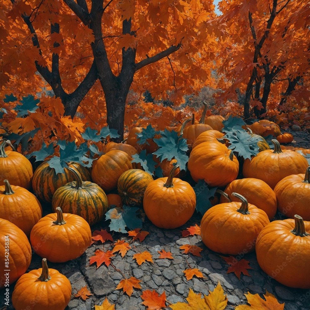autumn forest, photo for Halloween with orange pumpkins and fallen maple leaves autumn forest, photo for Halloween with orange pumpkins and fallen maple leaves