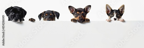 Cute dog and cat peeping with plain background.