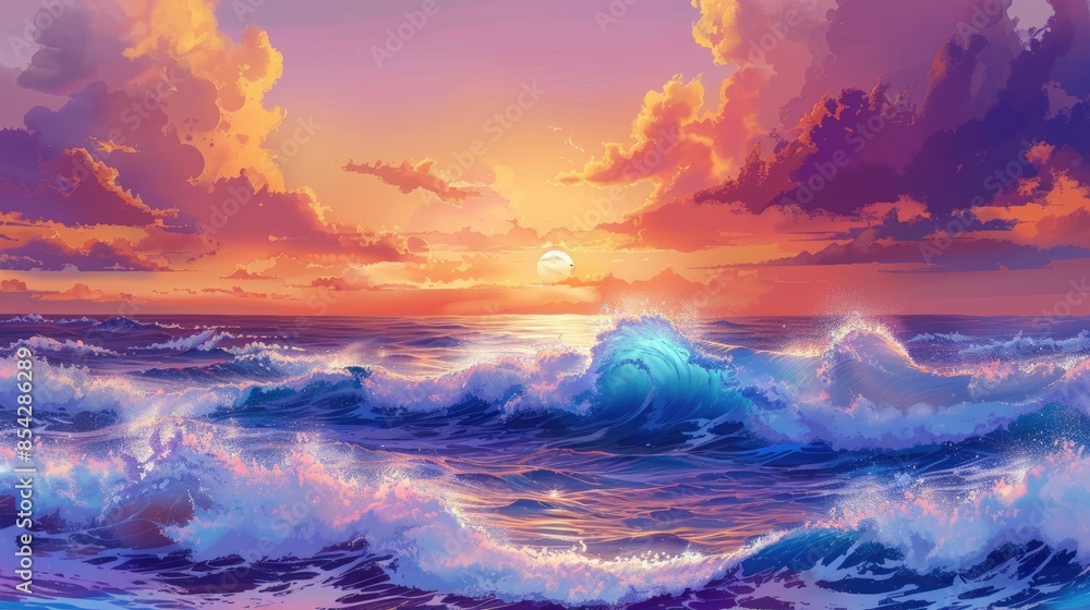 Fototapeta premium Scenic sunset at a seaside with summer ocean waves