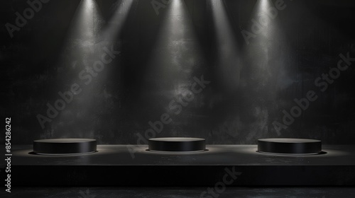 Black stage with spotlit podiums for cosmetic products display on dark background Perfect for showcasing products and designs