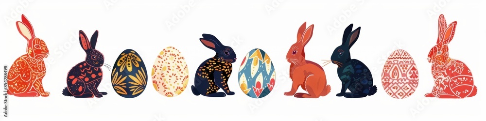 Fototapeta premium Clipart banner silhouette of rabbit with intrinsic patterns.