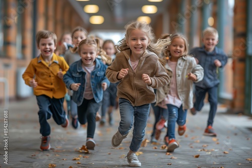 Group of Children Running Down City Street in Autumn